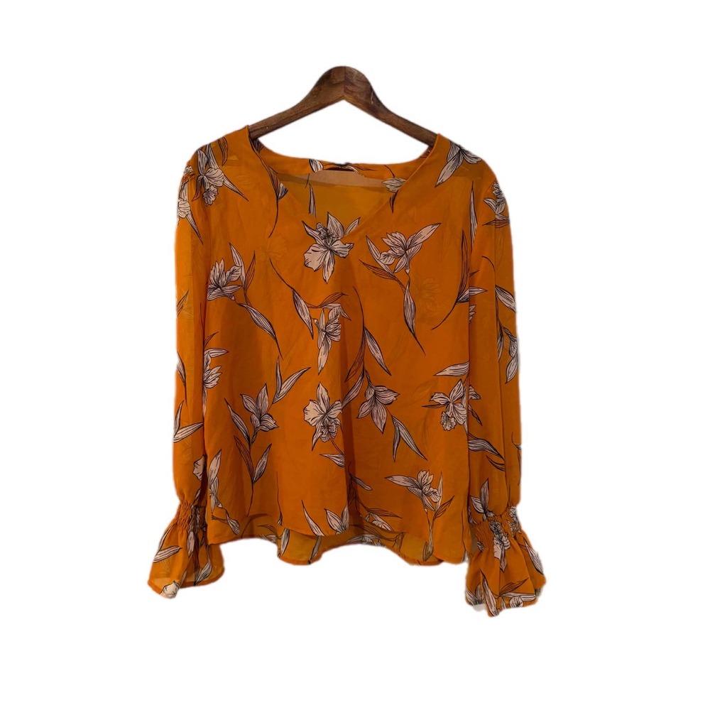 A New Day Floral VNeck Blouse Womens Large Mustard Yellow Excellent Smocked Cuff